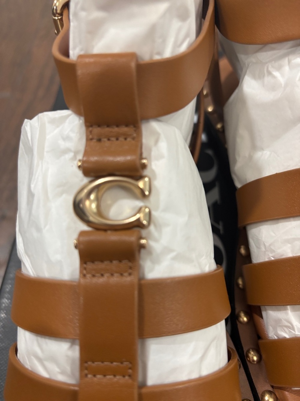 Coach Tan Leather Gladiator Sandals with Gold Studs size 5.5 - Picture 2 of 10